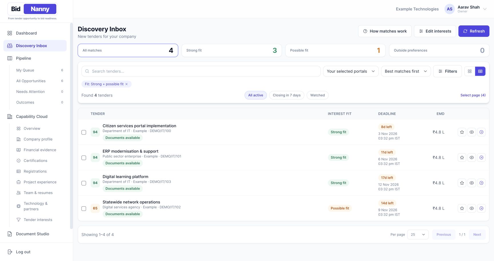 Discovery Inbox showing company interest fit, deadlines and available documents, with example tender records.