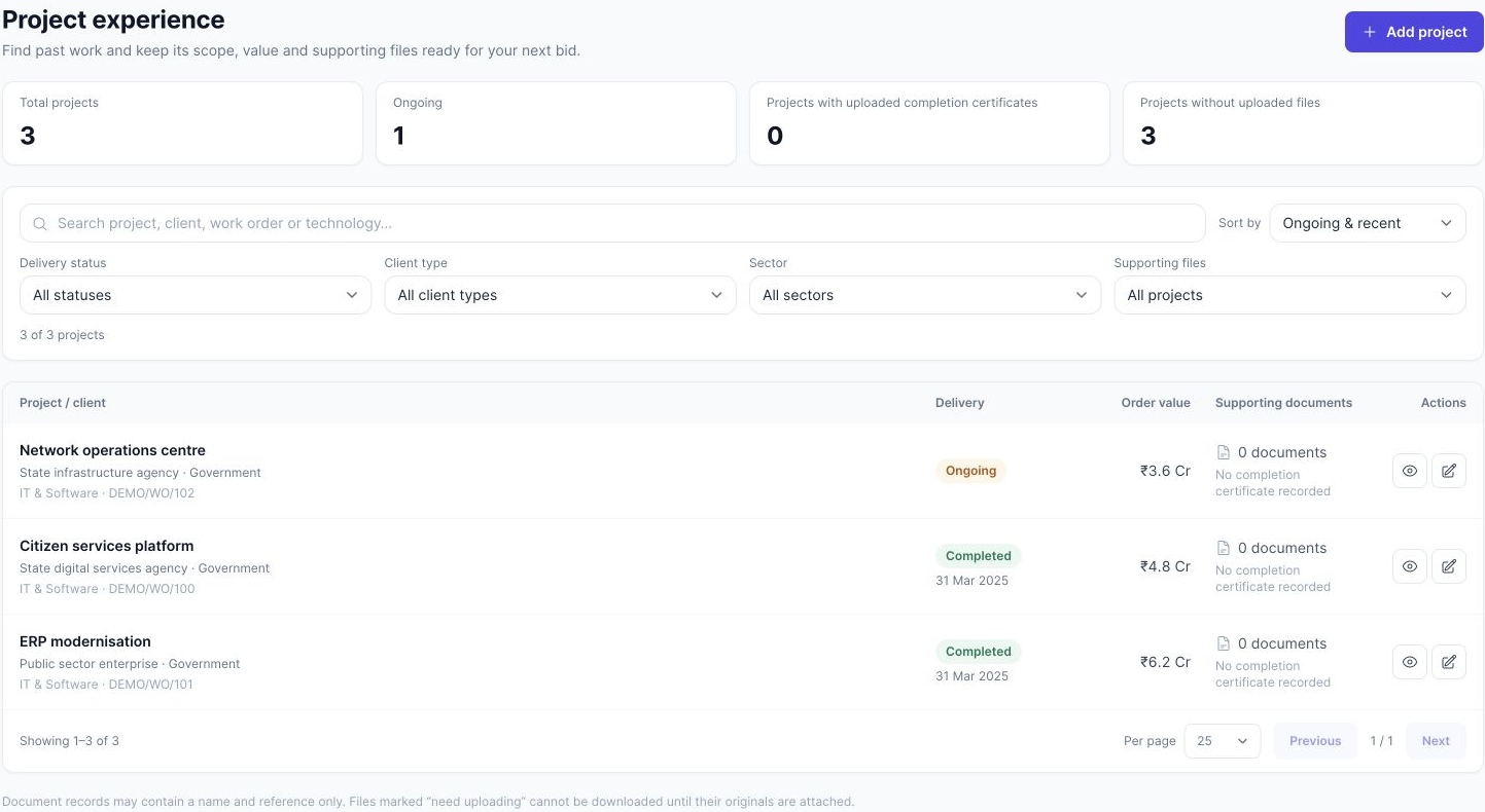 Project experience library with illustrative project records, delivery status and supporting document details.